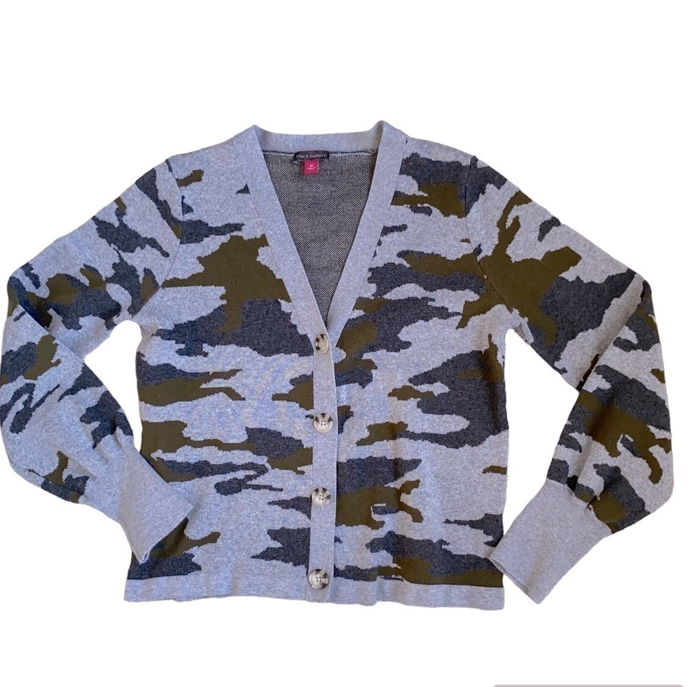 VINCE CAMUTO Cardigan Sweater Camouflage V-Neck Long Sleeve Grey/Green Women M